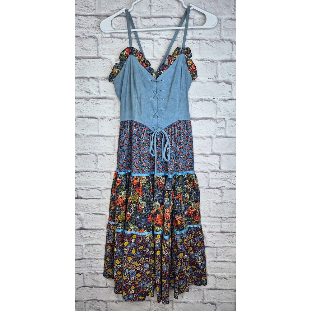 VTG 70s Young Edwardian Arpeja RARE CORSET Prairie Maxi Dress Faux Suede S/M.